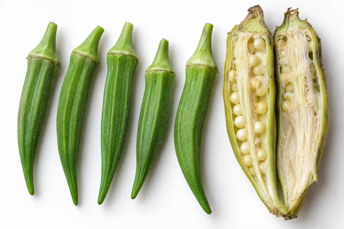 maturity comparison: young green pods beside a visibly mature split pod