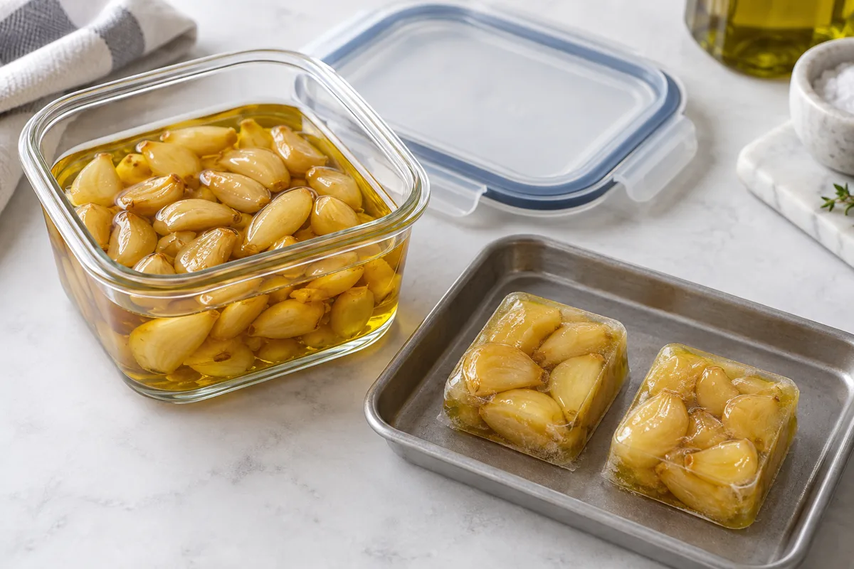 Garlic confit in oil beside two frozen single-use portions
