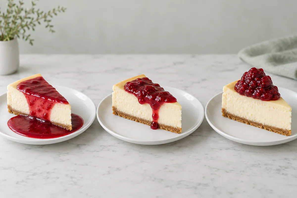 Three raspberry topping viscosities on cheesecake