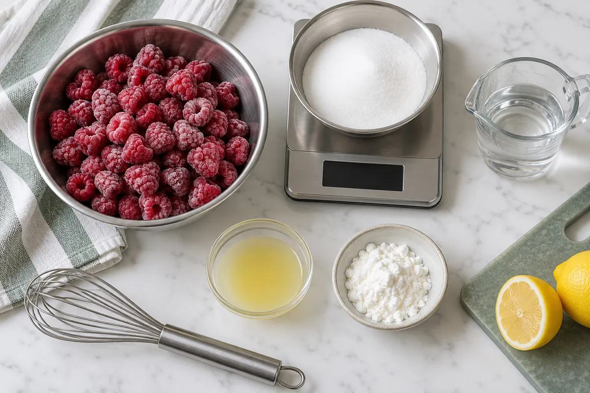 Measured frozen raspberry topping formula ingredients