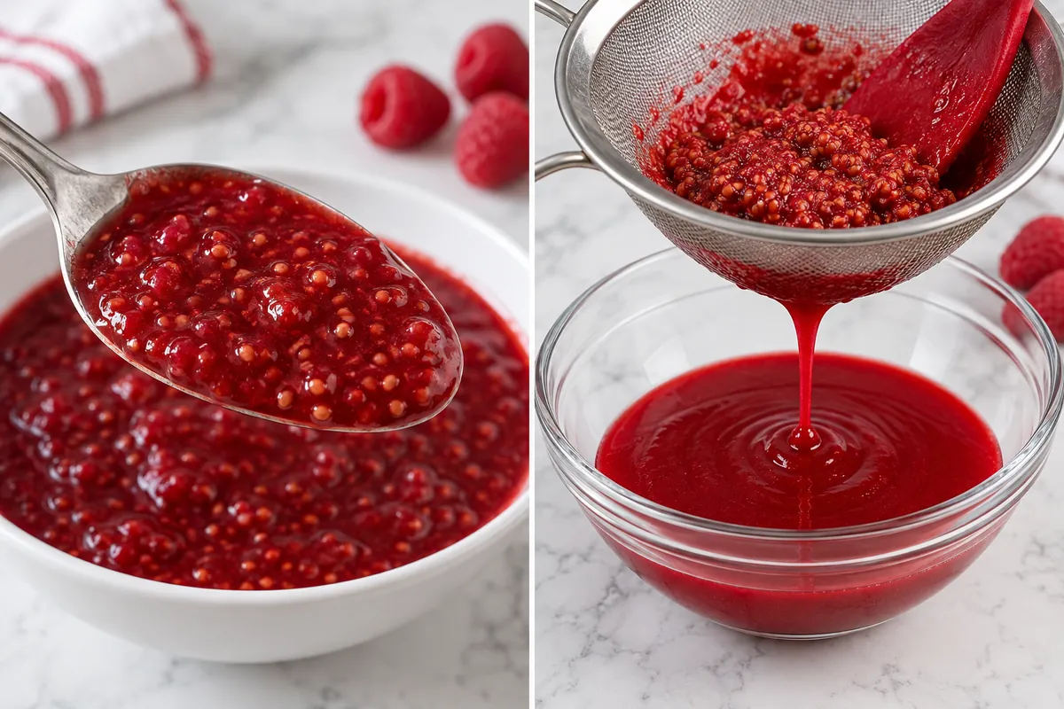 Raspberry topping passing through a fine sieve