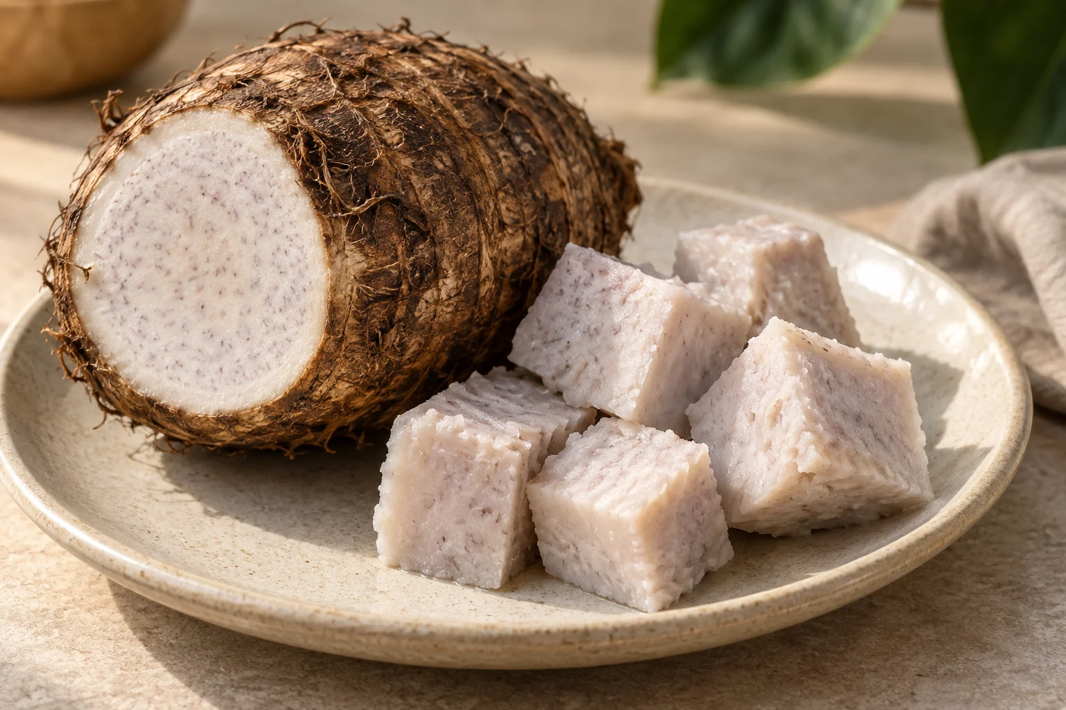 Whole taro corm and plain cooked taro cubes Whole taro corm and plain cooked taro cubes