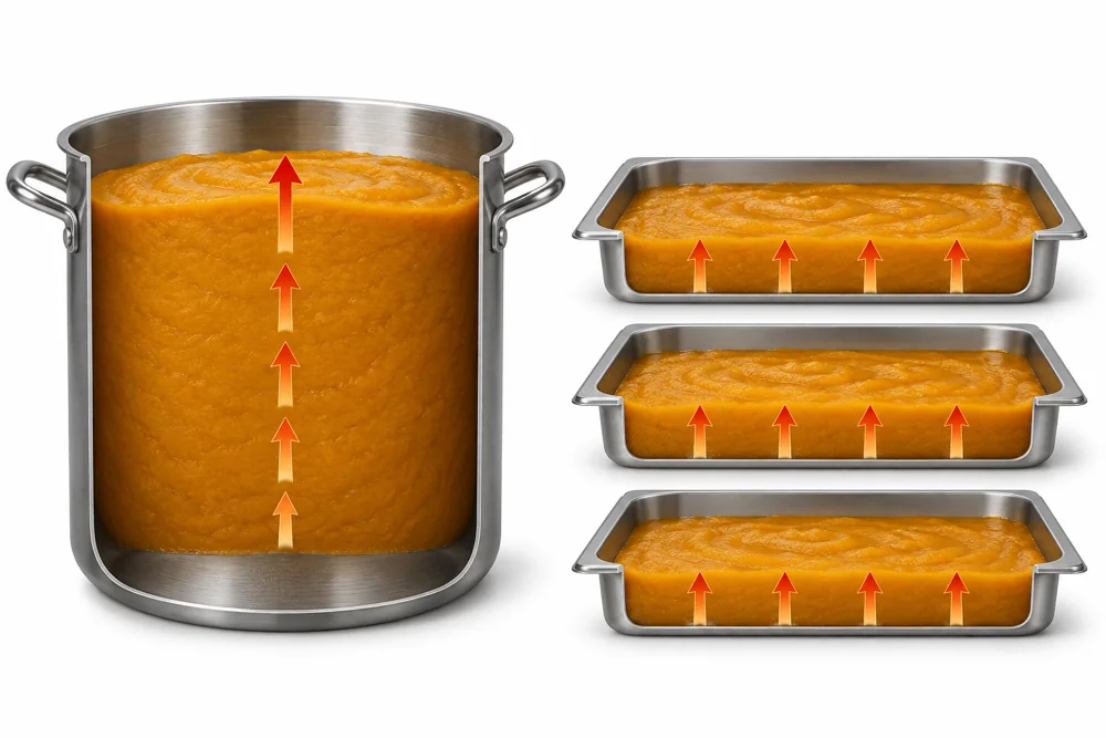 Deep pumpkin puree pot compared with three shallow pans